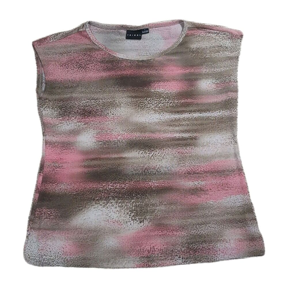 ​TRIBAL WOMEN SLEEVELESS TOP SIZE L PINK GREY ABSTRACT TIE DYE TANK KNIT CASUAL